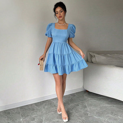 Damen Kleid Puffärmel Gestufter Saum Eveloria