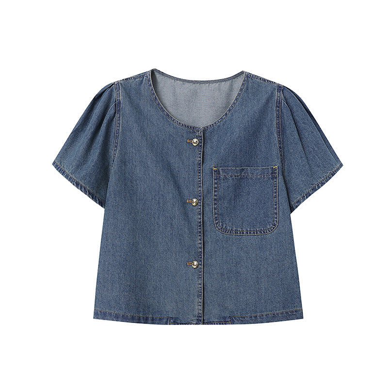 Damen Denim-Jacke Lässig Voluminöse Ärmel Blau