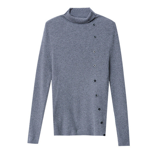 Damen Strickpullover Hochkragen Dekorative Knöpfe Eveloria