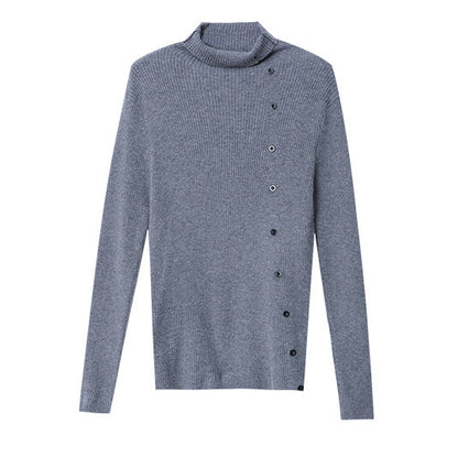 Damen Strickpullover Hochkragen Dekorative Knöpfe Eveloria