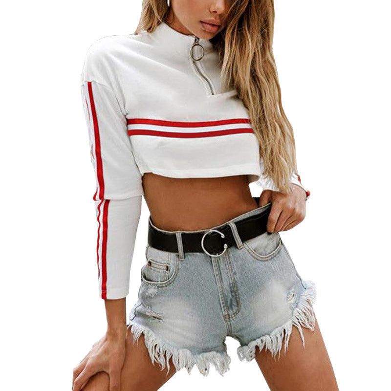 Damen Sportoberteil Cropped Stehkragen Streifen Eveloria