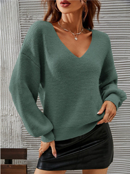Damen Pullover V-Ausschnitt Lässige Passform Ballonärmel