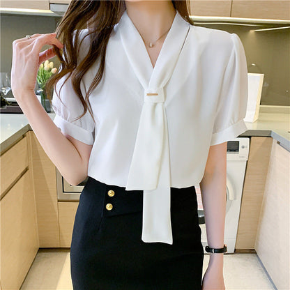 Damen Bluse mit Schleife Puffärmel Eveloria - Eveloria