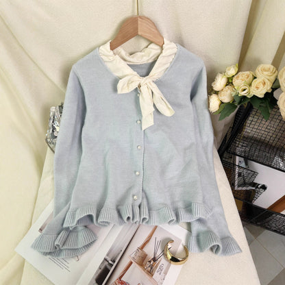 Damen Strickjacke Rüschen Schleifenkragen Elegante Eveloria
