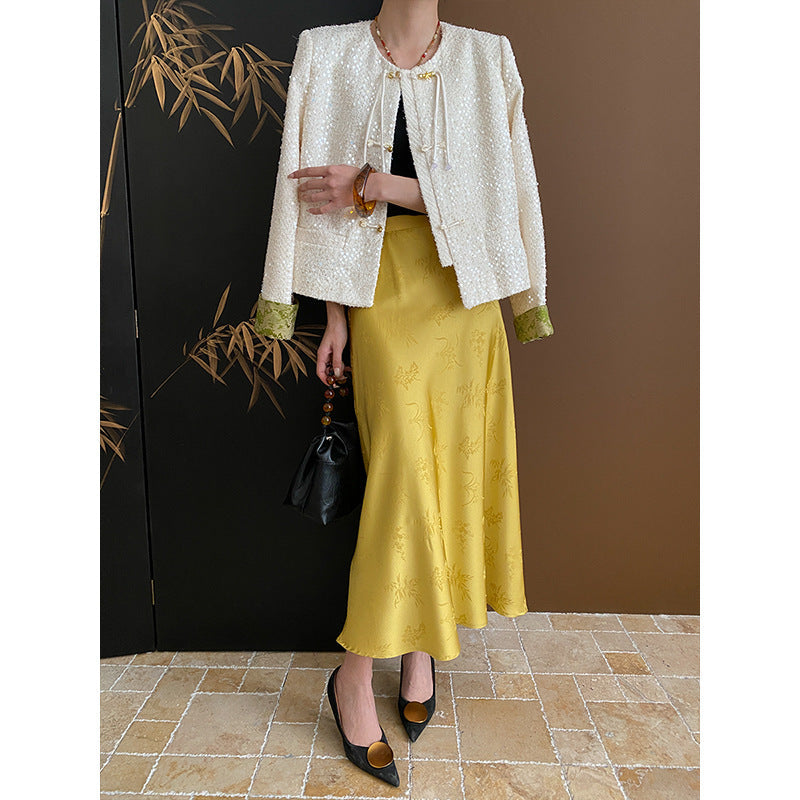 Damen Bouclé-Jacke mit Pailletten und Kontrastärmeln Eveloria
