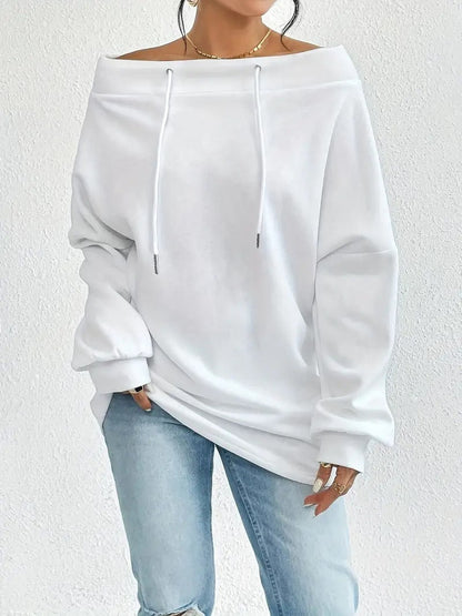 Damen Oversized Pullover Offener Kragen Kordelzüge Beige