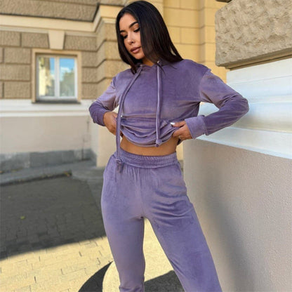 Damen Velours-Jogginganzug mit Kapuze und Gummizug