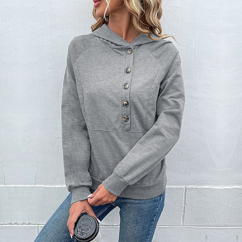 Damen Kapuzenpullover Lässig Knopfdetails Moderner Schnitt