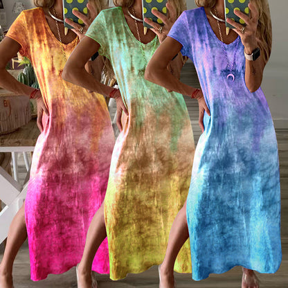 Damen Maxikleid Langarm V-Ausschnitt Tie-Dye Schwarz - Eveloria