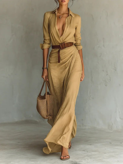 Damen Maxikleid Klassischer Hemdkragen Seidenstoff