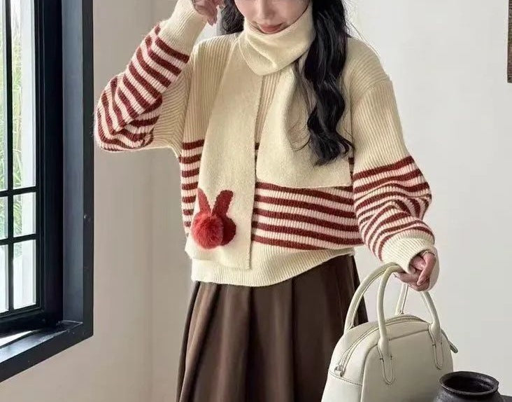 Damen Strickpullover Hochkragen Streifenmuster Eveloria