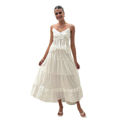 Damen Maxikleid Spitze Rüschenbesatz Eveloria