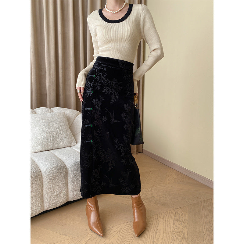 Damen Maxikleid Florales Samt-Design Elegantem Schlitz