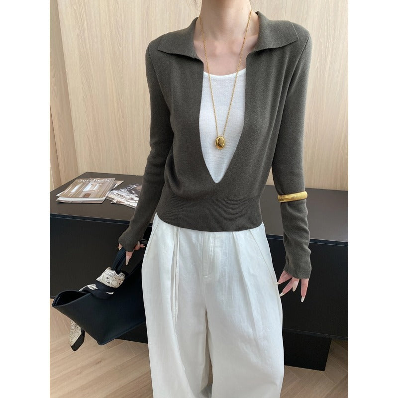 Damen Pullover Elegantes Design Tiefes Dekolleté Feine Stickerei - Eveloria