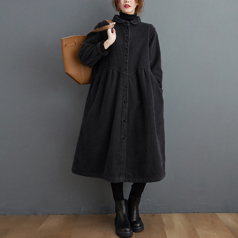 Damen Corduroy Mantel A-Linie Midi-Länge mit Knopfverschluss Braun