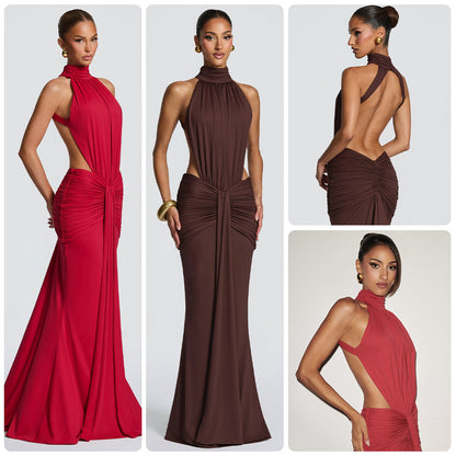 Damen Maxikleid Elegantes Design mit Halterneck und Drapierung Schwarz - Eveloria