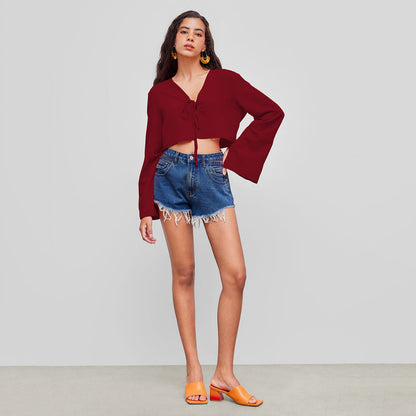 Damen Crop- V-Ausschnitt Verspielter Knoten Eveloria