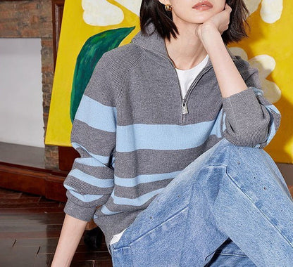Damen Strickpullover Halbzipverschluss Gemütlich Eveloria