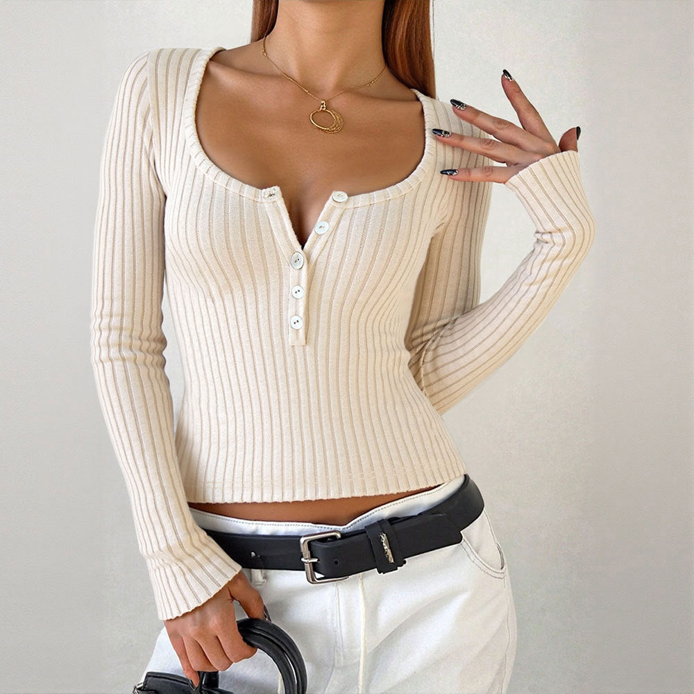 Damen Langarmshirt V-Ausschnitt Knopfdetails Eveloria