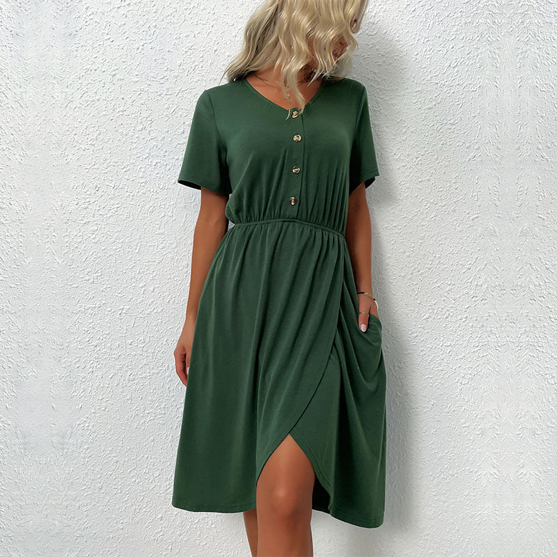 Damen Kleid Kurz Knöpfe Elastisch Eveloria