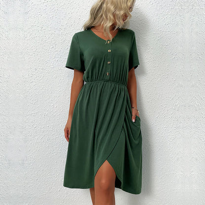 Damen Kleid Kurz Knöpfe Elastisch Eveloria