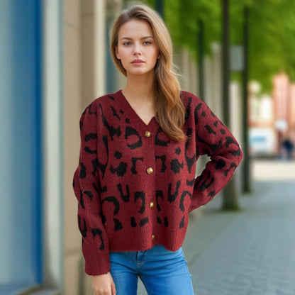 Damen Strickjacke Animalmuster Goldknöpfe Beige