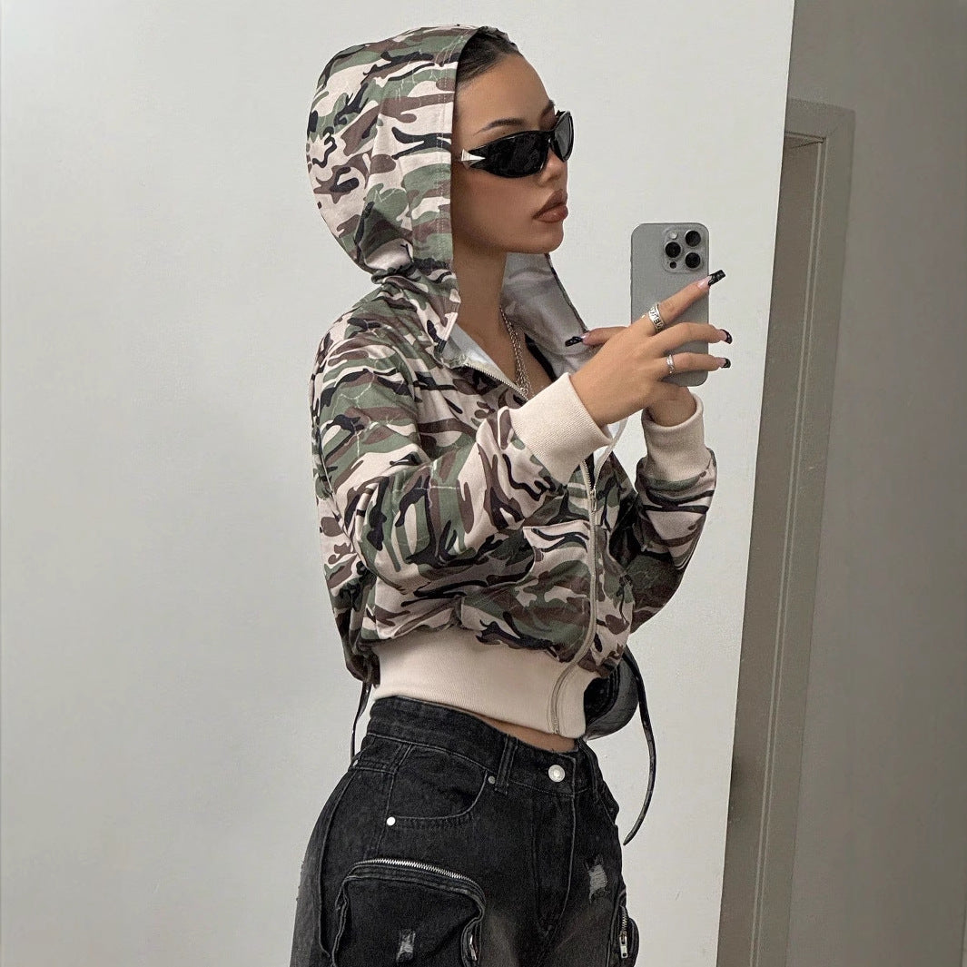Damen Kapuzenjacke Kurz Camouflage Stil Eveloria - Eveloria
