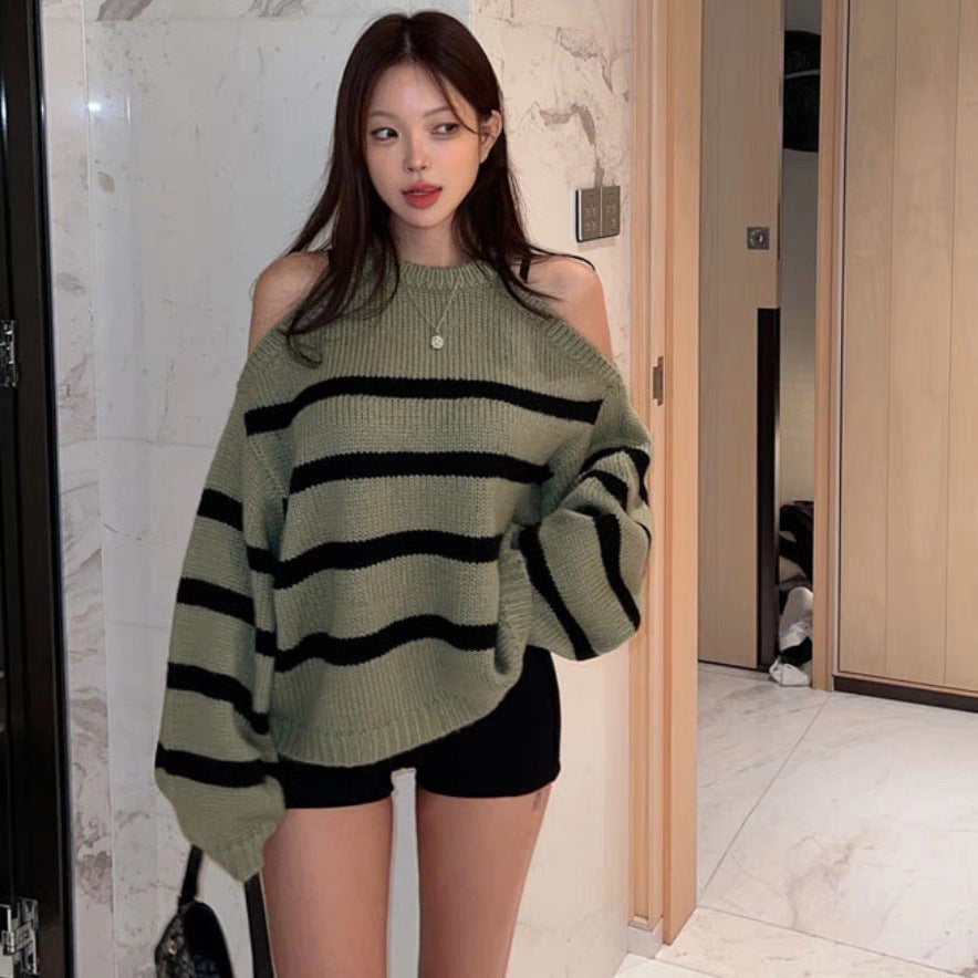 Damen Oversized Pullover Offene Schulter Streifenmuster Eveloria