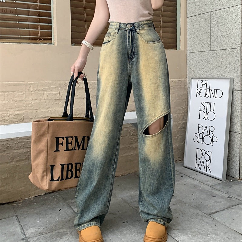 Damen Weite Denim-Hose Asymmetrische Knöpfe Blau Eveloria
