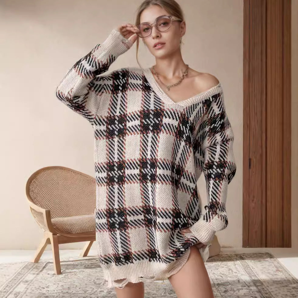 Damen Oversized Pullover V-Ausschnitt Kariert Eveloria - Eveloria