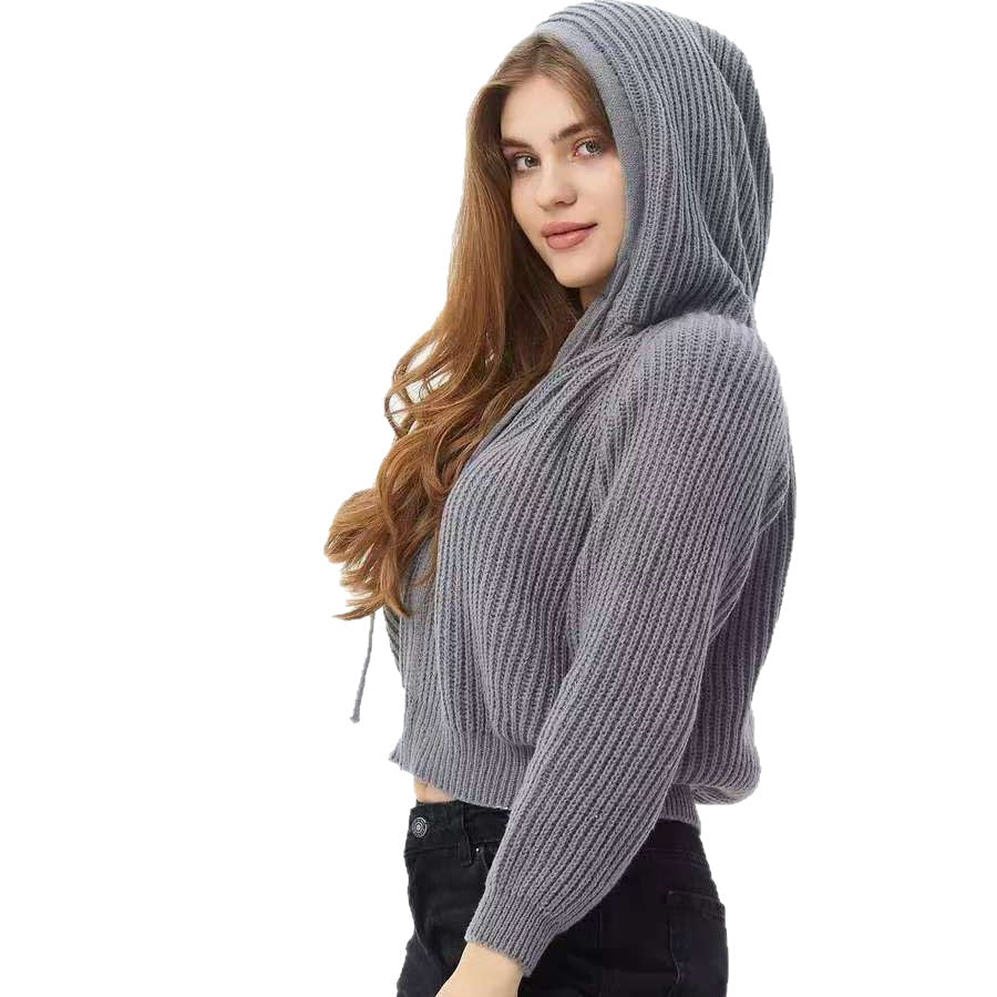 Damen Hoodie Weiches RippstrickMaterial Mit Kordelzug