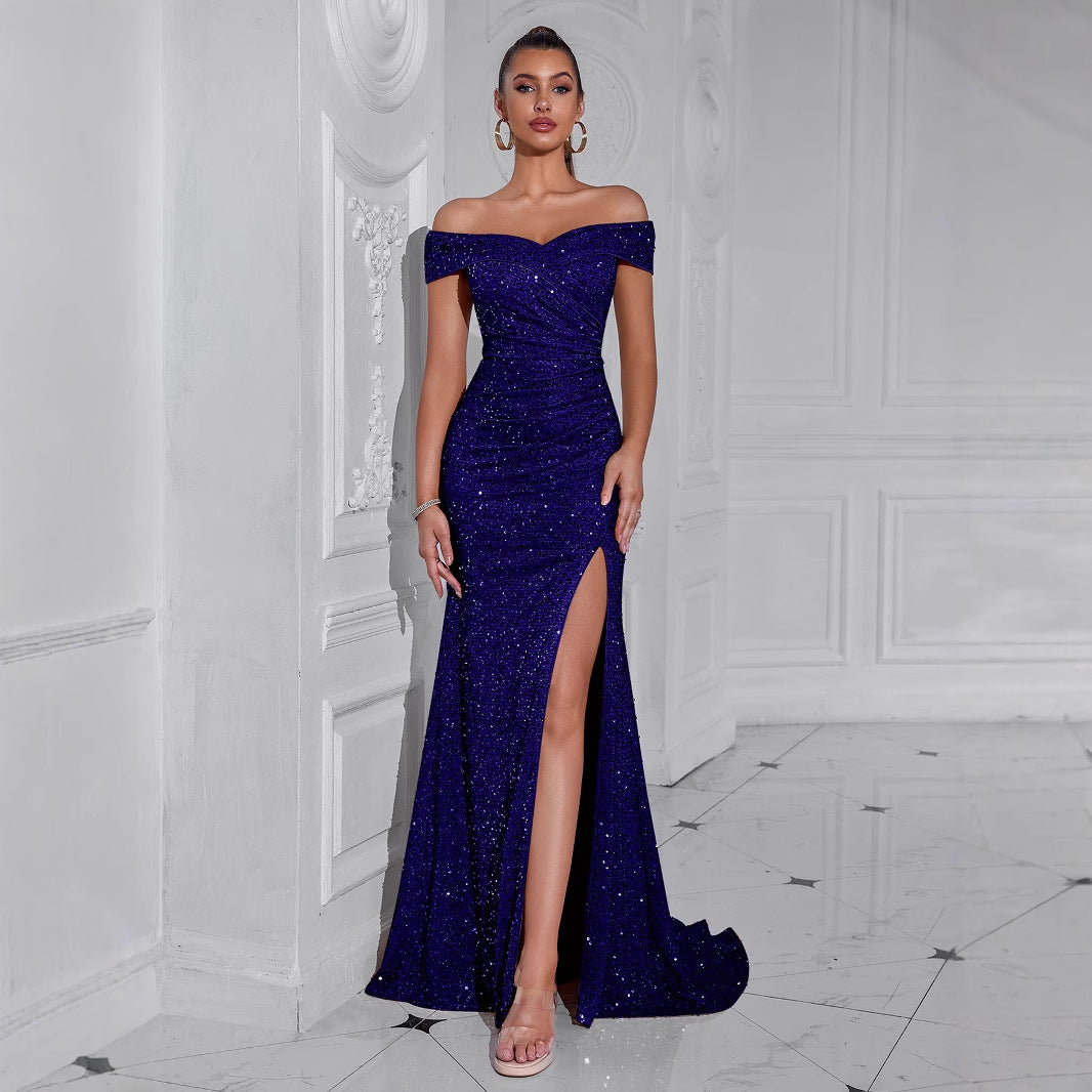 Damen Abendkleid Schulterfrei Pailletten Elegant