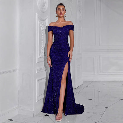 Damen Abendkleid Schulterfrei Pailletten Elegant