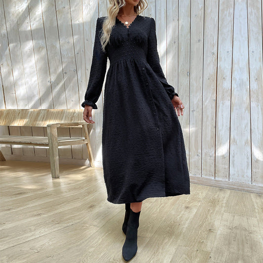 Damen Elegantes Knielanges Kleid mit Knopfdetails Schwarz Eveloria - Eveloria