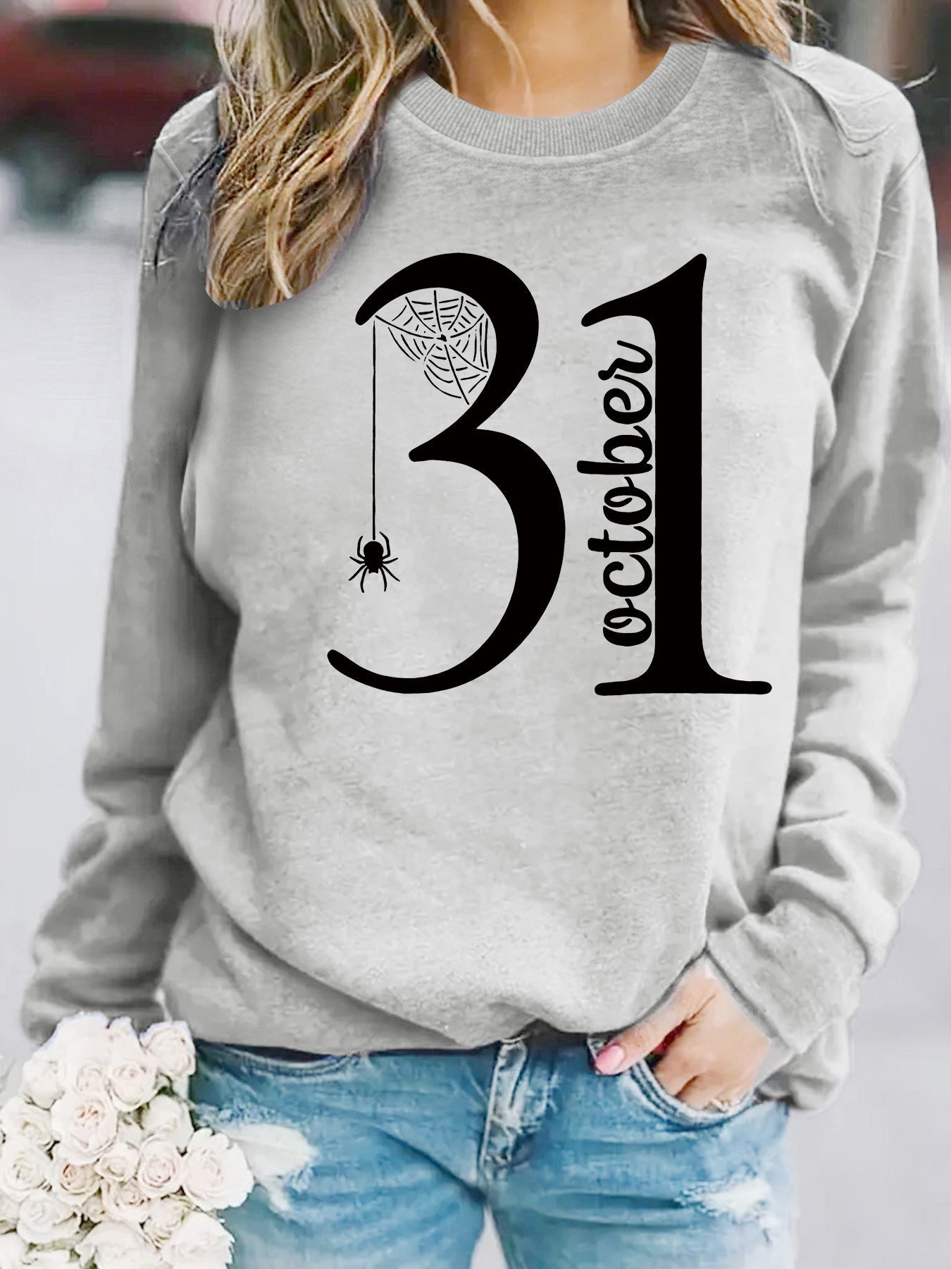 Damen Sweatshirt Halloween-Motiv Bequem Grau Eveloria