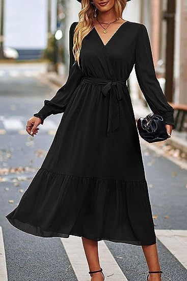 Damen Midi-Kleid V-Ausschnitt Bindegürtel Eveloria