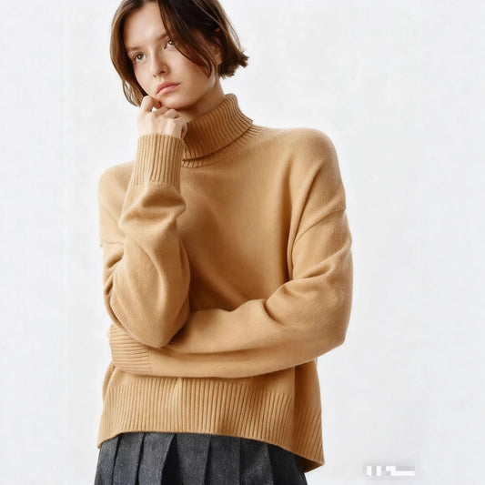Damen Rollkragenpullover Oversized Rippstruktur Beige - Eveloria