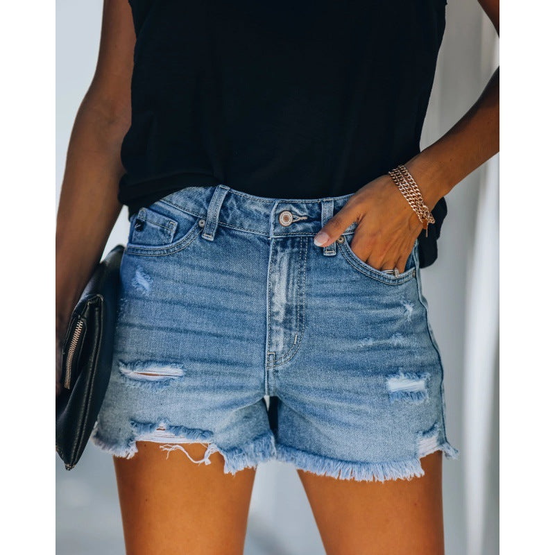 Damen Highwaist Jeansshorts Destroyed mit Fransen Schwarz - Eveloria