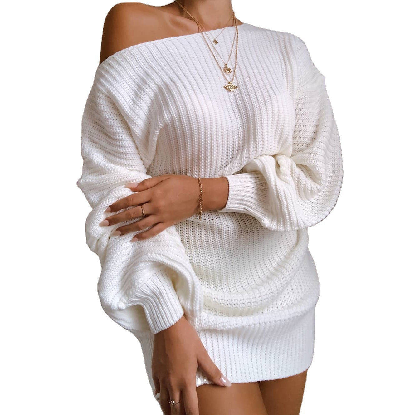 Damen Strickkleid Schulterfrei Voluminöse Ärmel Eveloria
