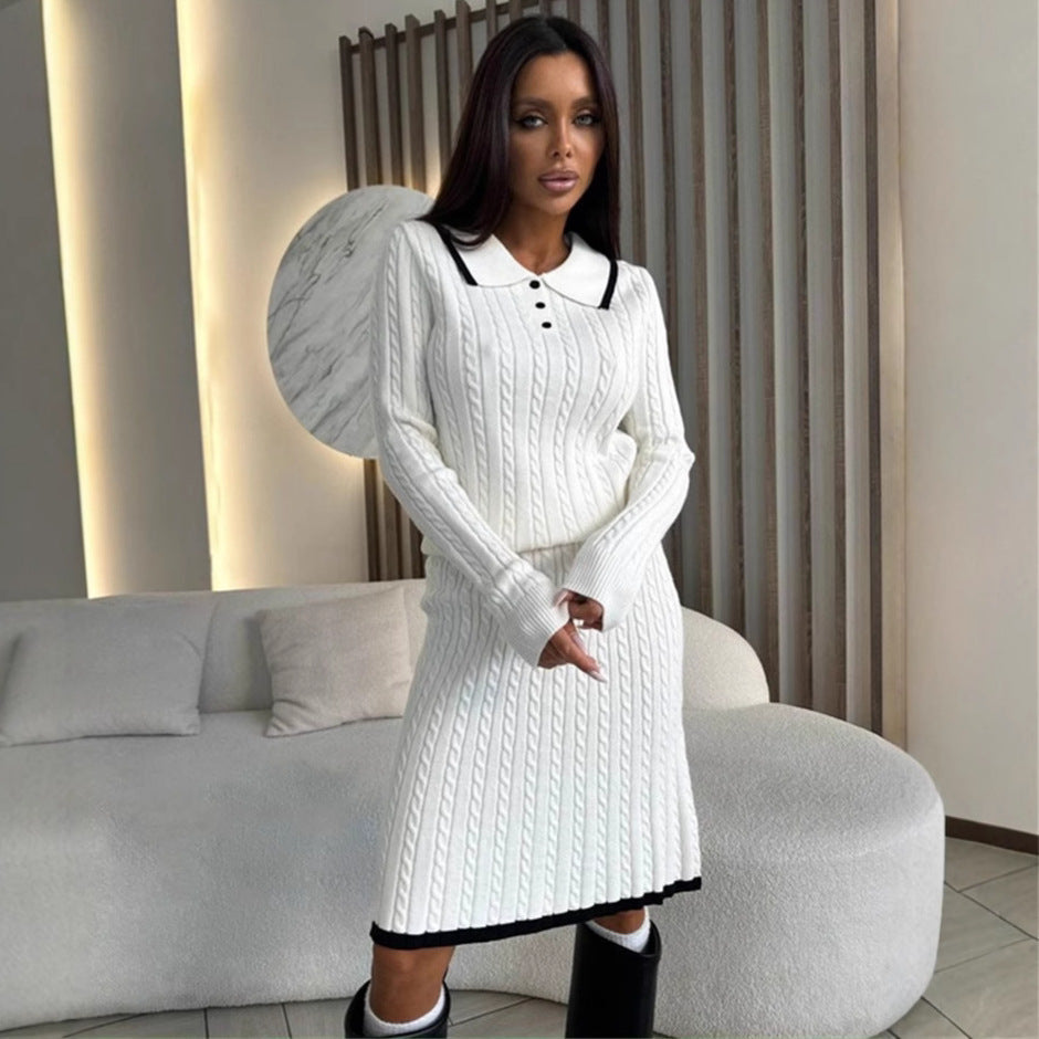 Damen Strickkleid Polo-Kragen Zopfmuster Oberfläche Eveloria