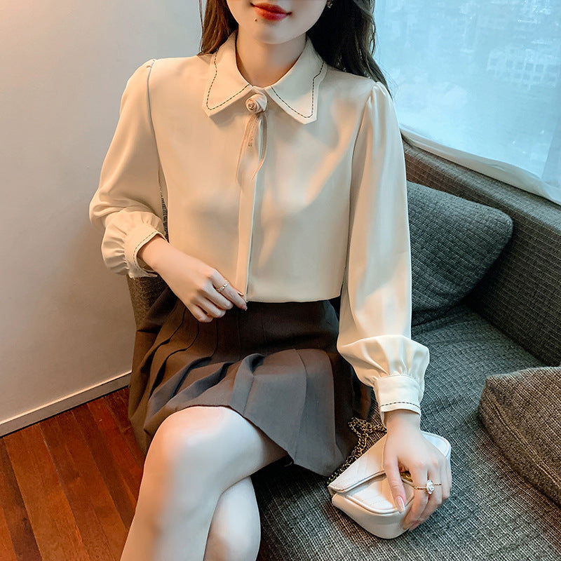 Damen Bluse Klassischer Kragenschnitt Elegante Schleife Weiße Bluse