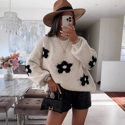 Damen Strickpullover Blumendesign Weich