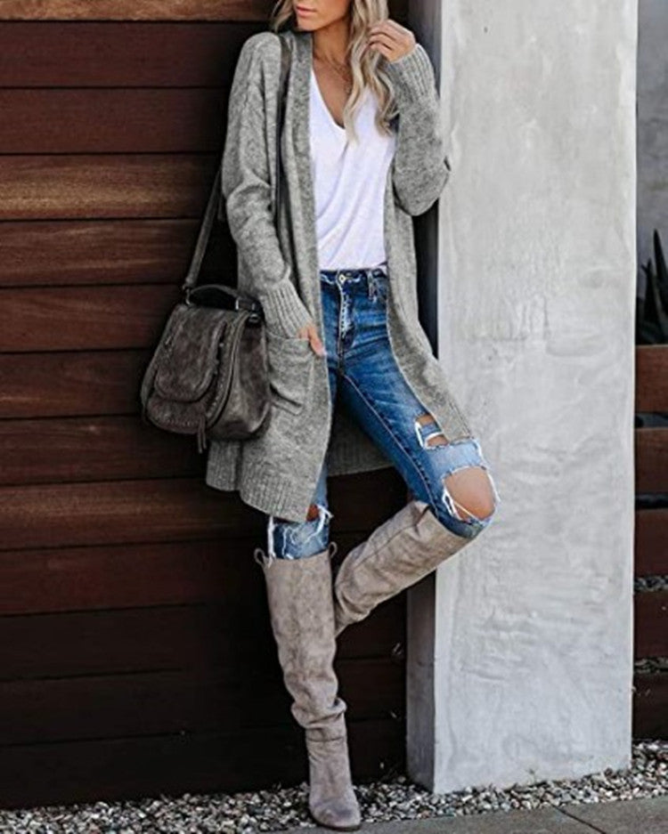 Damen Grobstrick Cardigan Lässig Mit Taschen Beige