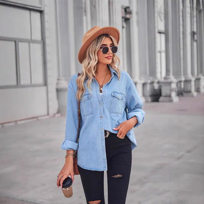 Damen Denim Hemdbluse mit Brusttaschen Blau