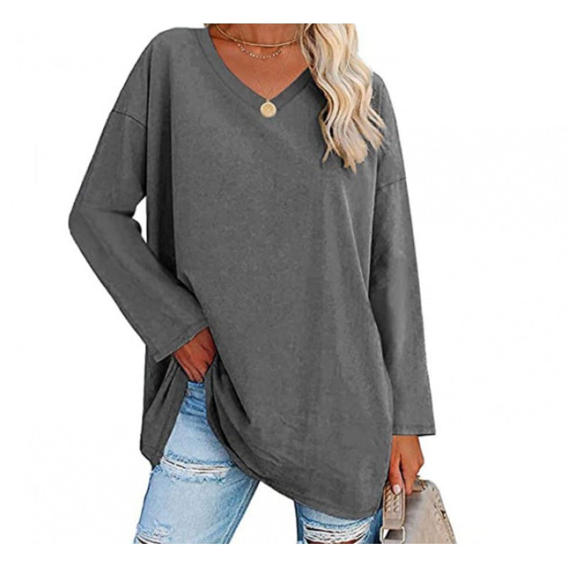 Damen Sweatshirt V-Ausschnitt Langärmlig Asymmetrisch Grau Eveloria