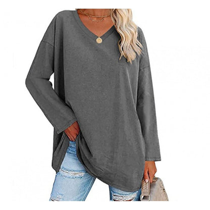 Damen Sweatshirt V-Ausschnitt Langärmlig Asymmetrisch Grau Eveloria