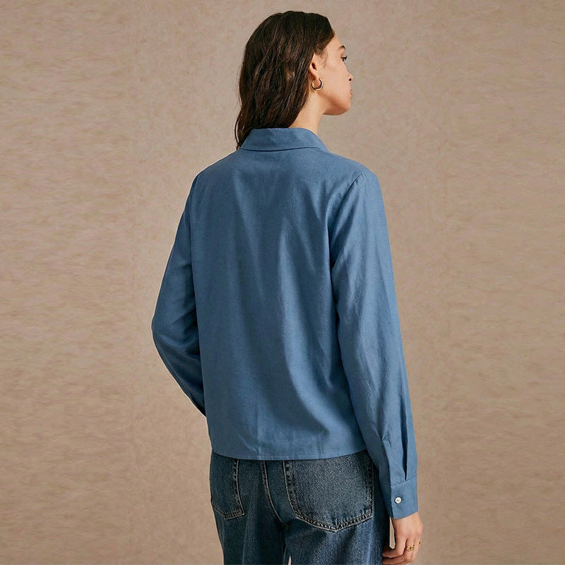 Damen Denim Bluse Knopfleiste Modischer Schnitt Blau Eveloria
