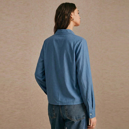 Damen Denim Bluse Knopfleiste Modischer Schnitt Blau Eveloria