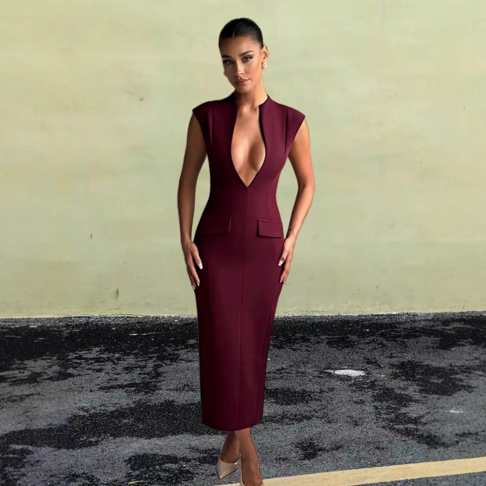 Damen Kleid V-Ausschnitt Figurbetont mit Taschen Eveloria
