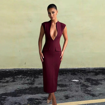 Damen Kleid V-Ausschnitt Figurbetont mit Taschen Eveloria
